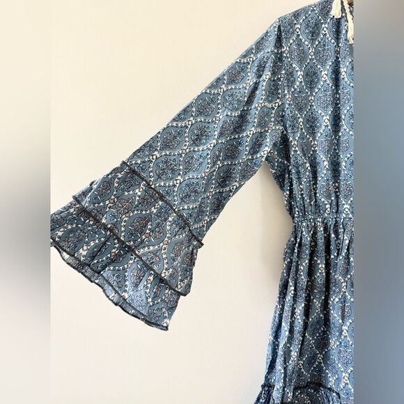 Lassiter Boho Dress with Ruffle and Tassel Detail in Blue Floral Block Print - S - Picture 3 of 7